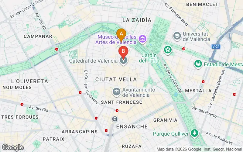 Kaart met startlocaties fietstour Valencia — Torres de Serranos en Plaza de la Virgen